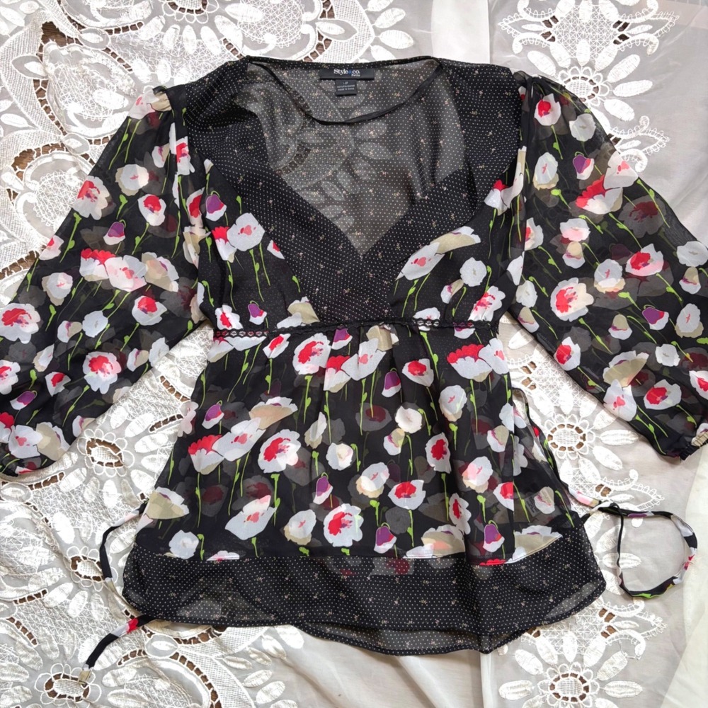 Y2K Tie Back Babydoll Black Floral Polka Dot V-Neck Sheer Blouse Top